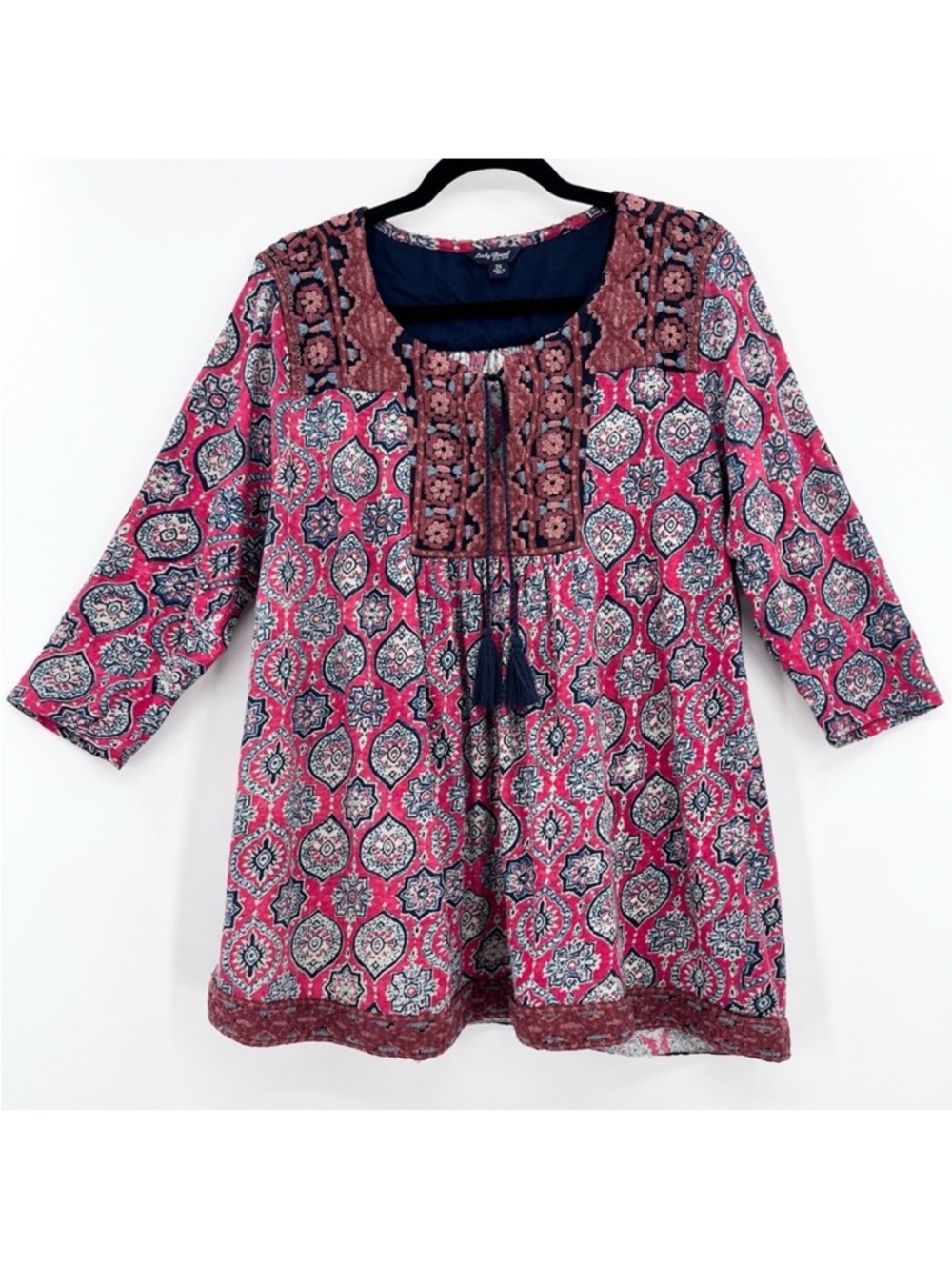Lucky Brand Red/Blue Boho Print Linen Blend Knit Tunic Top Plus Size 2X